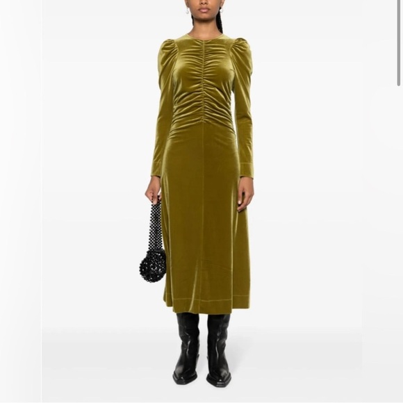 Ganni Velvet Gathered Long Sleeve Jersey Dress in Avocado - Picture 3 of 12